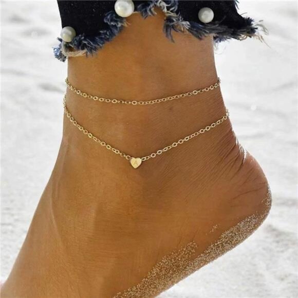Heart Initial Ankle Bracelets for Women, 14K Gold Filled Handmade Dainty Layered - Picture 2 of 7